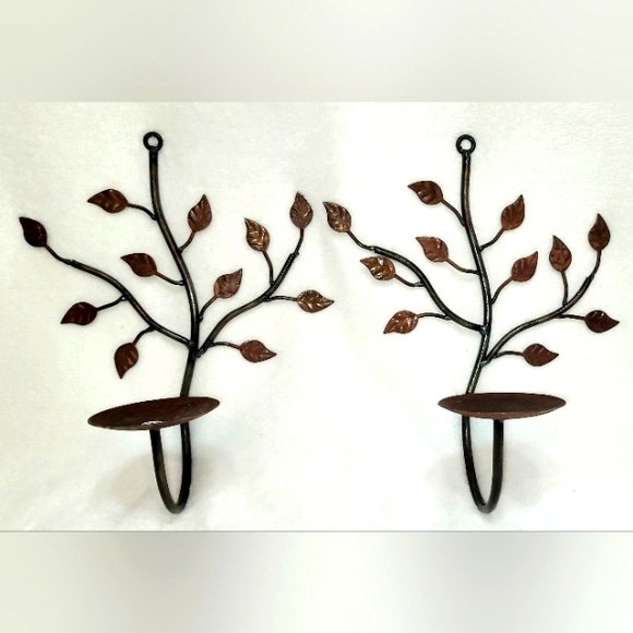 Vintage Rustic Iron Decorative Wall Candle Sconces Pair Coffee Brown - Picture 1 of 9